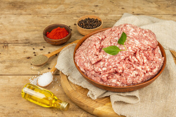 Raw minced meat. Ground pork with spices