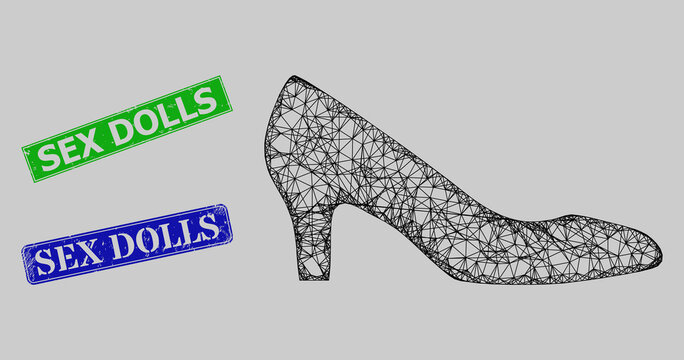 Carcass net mesh lady shoe model, and Sex Dolls blue and green rectangular corroded stamps. Carcass net symbol created from lady shoe pictogram. Stamp seals have Sex Dolls tag inside rectangular form.
