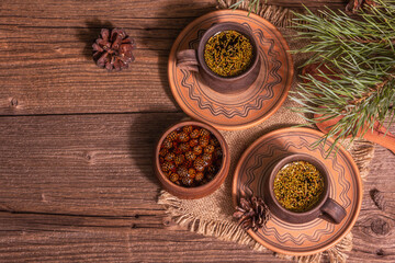 Pine needle tea, sollip-cha, traditional Korean beverage with pine cone jam