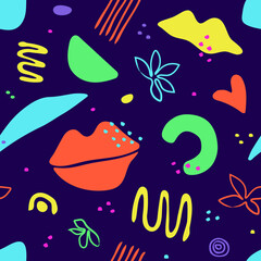 Seamless pattern with abstract organic shapes, hearts, lips. Colorful vector elements in doodle style for background, wallpaper, textile, cover, banner, greeting card. Fun design. Modern graphic