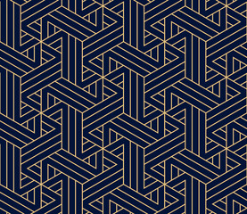 Abstract geometrisch patroon met strepen, lijnen. Naadloze vectorachtergrond. Goud en donkerblauw ornament. Eenvoudig rooster grafisch ontwerp