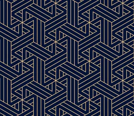 Foto op Plexiglas Blauw goud Abstract geometrisch patroon met strepen, lijnen. Naadloze vectorachtergrond. Goud en donkerblauw ornament. Eenvoudig rooster grafisch ontwerp