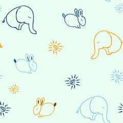 Seamless vector print with rabbit, elephant, stars. Vector, linear pattern with animals on a gentle blue background for packaging, gifts, clothes. Ideally fashionable texture for baby fabrics, textile