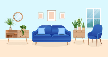 Modern living room interior with furniture and house plants. Design of a cozy room with a sofa and home decor items. Restroom. Vector flat style illustration.