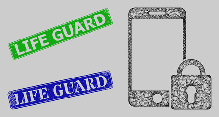 Wireframe network locked smartphone model, and Life Guard blue and green rectangular unclean stamp seals. Carcass net illustration is designed with locked smartphone pictogram.