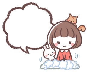 手を洗う女の子と動物たちと線画フキダシ