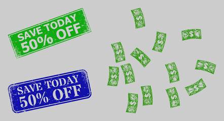 Carcass net mesh dollar banknotes model, and Save Today 50 percents Off blue and green rectangle unclean seal prints. Carcass net mesh illustration is designed with dollar banknotes icon.