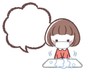 マスクをして手を洗う女の子と線画フキダシ