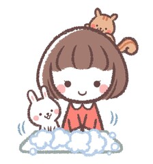 手を洗う女の子と動物たち
