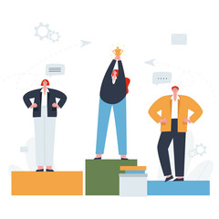 People standing on a pedestal. The winner with the gold cup in 1st place. Concept of teamwork. Flat vector illustration. 