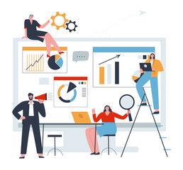 Team workflow. Management, search, implementation, and customization - office work. Flat vector illustration of people.