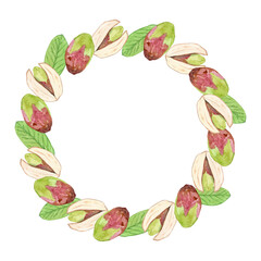 pistachio nut round frame isolated on white. watercolor wreath illustration