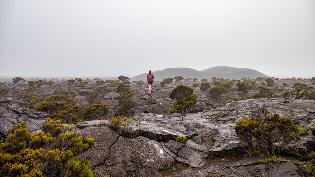 femme marche dans la brume dans la nature, au volcan le piton de la Fournaise &agrave; la R&eacute;union.