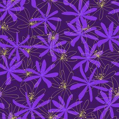 Vector seamless pattern of wildflowers, daisies, clematis. Hand-drawn. Botanical pattern on purple background. Design for posters, postcards, textiles, fabrics, prints, decor, paper, packaging.
