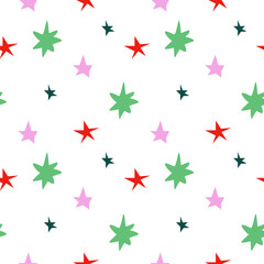 Seamless vector pattern for Christmas in bright colors in flat style.Holiday print with cute colorful stars hand drawn.Design for textiles,packaging,social media,web,wrapping paper,fabric.