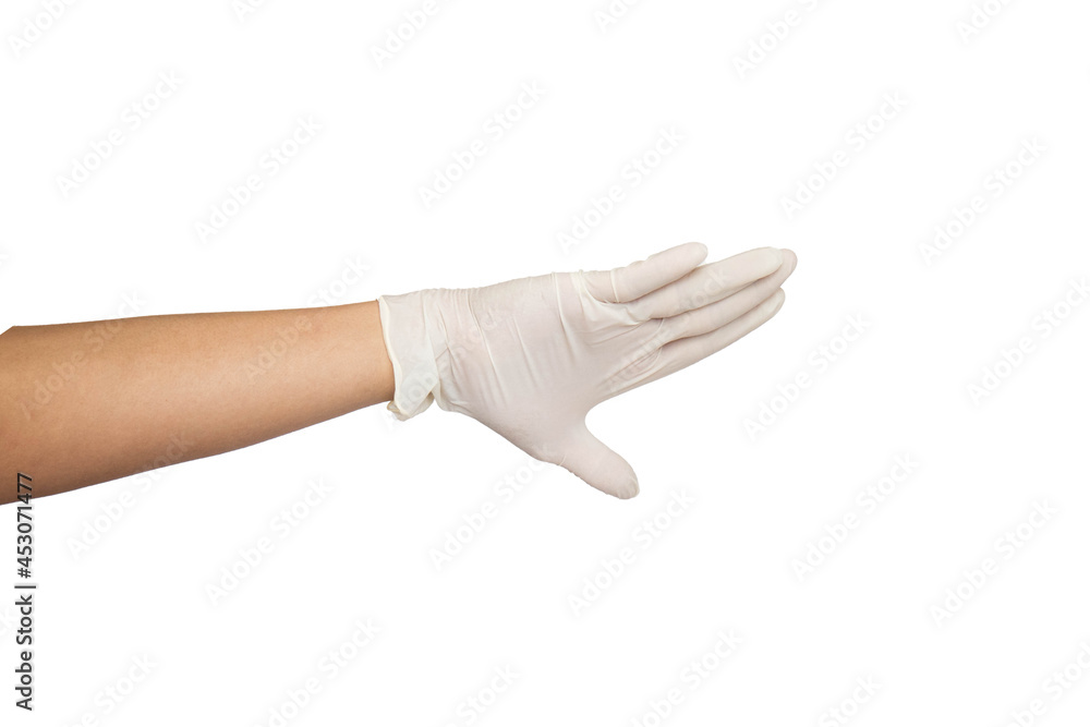 Wall mural Close up of open hand wearing white rubber gloves isolated with white background.