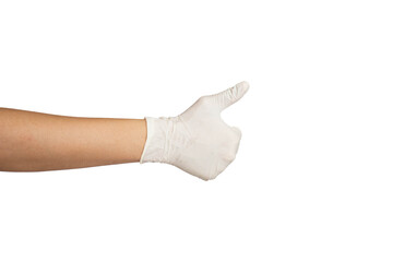 Close up of thumbs up hand sign wearing white rubber gloves isolated with white background.