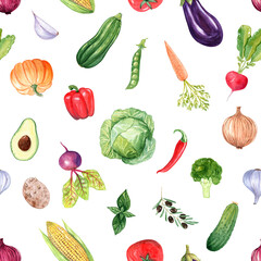Watercolor vegetables seamless pattern on white