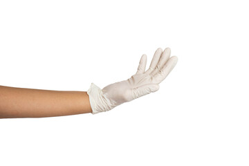 Close up of begging hand wearing white rubber gloves isolated with white background. Asking hand gesture, beggar hand