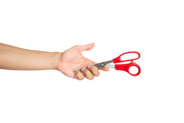 Close up of hand holding scissors isolated with white background