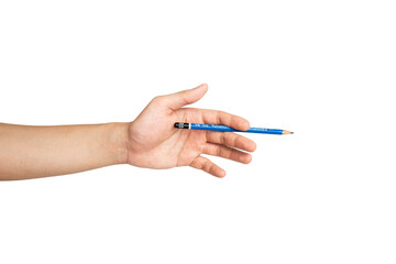 Close up of hand holding pencil isolated with white background