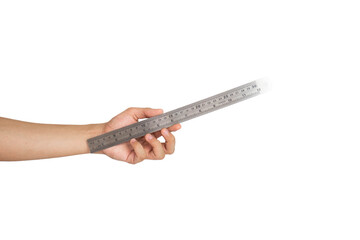 Close up of hand holding ruler isolated with white background