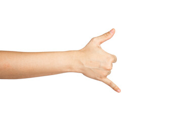 Close up of call me hand gesture isolated with white background. Shaka hand gesture.