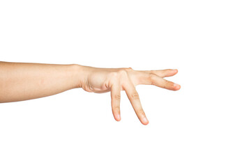 Close up of reaching hand isolated with white background. Angry hand gesture. 