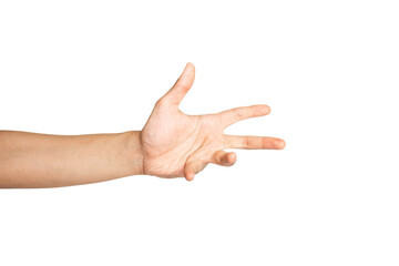 Close up of reaching hand isolated with white background. Angry hand gesture. 