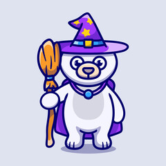 cute polar bear carrying flying broom