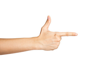 Close up of gun hand gesture isolated with white background. Pistol hand gesture. Pointing hand gesture.