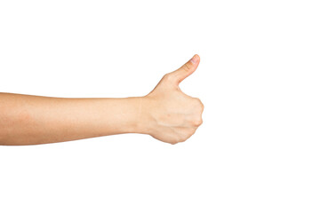 Close up of thumbs up hand gesture isolated with white background. Good hand sign.