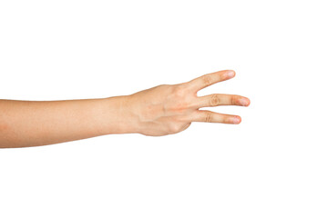 Close up of number three hand sign isolated with white background. 