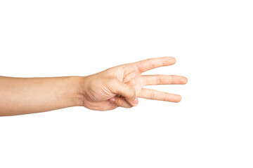 Close up of number three hand sign isolated with white background. 