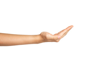 Close up of begging hand isolated with white background. Open hand gesture. Beggar hand gesture. 