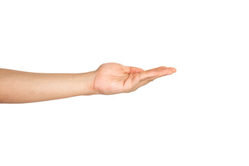 Close up of begging hand isolated with white background. Open hand gesture. Beggar hand gesture. 