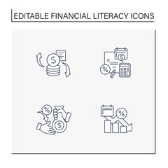 Financial literacy line icons set. Budget plan, variable expense, decrease in liabilities, choice of loans. Business concept. Isolated vector illustrations. Editable stroke