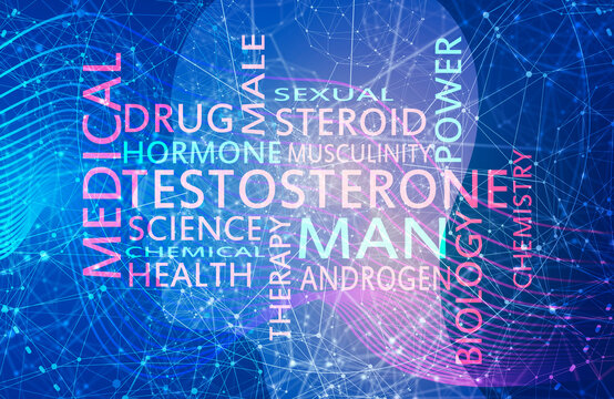 Hormone testosterone tags overlayed on the silhouette of the face