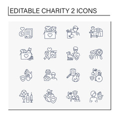 Charity line icons set.Organization collects money for people to help with medicines, food, care and temporary houses. Volunteering concept. Isolated vector illustrations. Editable stroke