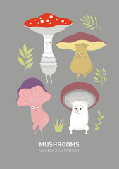 Mushrooms charscters . Set of Fictional whimsical cute mushrooms. Game design cartoon characters, card design. Fairy tale characters, Hand drawn illustrations . Anthropomorphism art