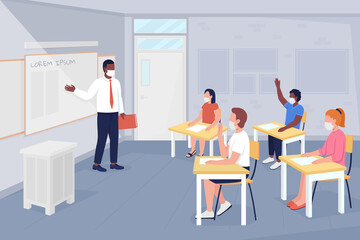 After covid school lesson flat color vector illustration. Studying and discussing. Pupil answers question. Teacher and students in masks 2D cartoon characters with interior on background
