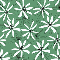 Vector seamless pattern of wildflowers, daisies, clematis. Hand-drawn. Botanical pattern on green background. Design for posters, postcards, textiles, fabrics, prints, decor, paper, packaging.