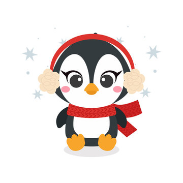 Merry Christmas greeting card with cute little penguin