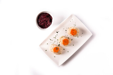 Traditional Jewish gefilte fish isolated on white background