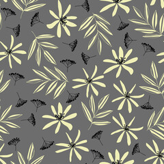 Vector seamless pattern of wildflowers, clematis and leaves on gray background. Hand-drawn. Botanical pattern. Design for posters, postcards, textiles, fabrics, prints, decor, paper, packaging.