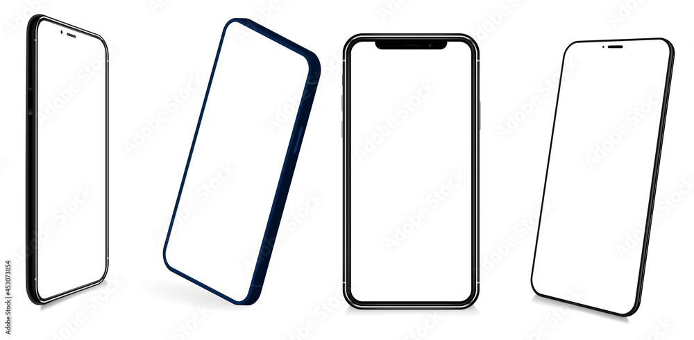 Poster smartphones collection at different angles, rotated positions. 3d realistic cell phones mockups with