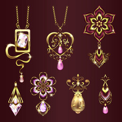 gold jewelry with ornaments and precious stones pendants, necklaces, hearts, flowers