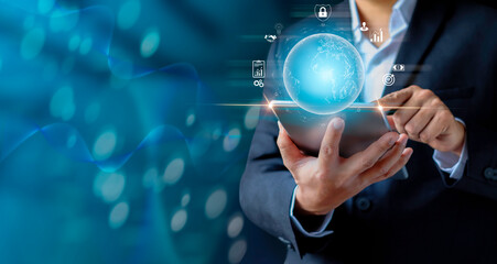 Businessman holding tablet showing virtual globe diagram. Social digital, Analysis strategy sale marketing and economic data online network connection. Business finance and digital technology concept.