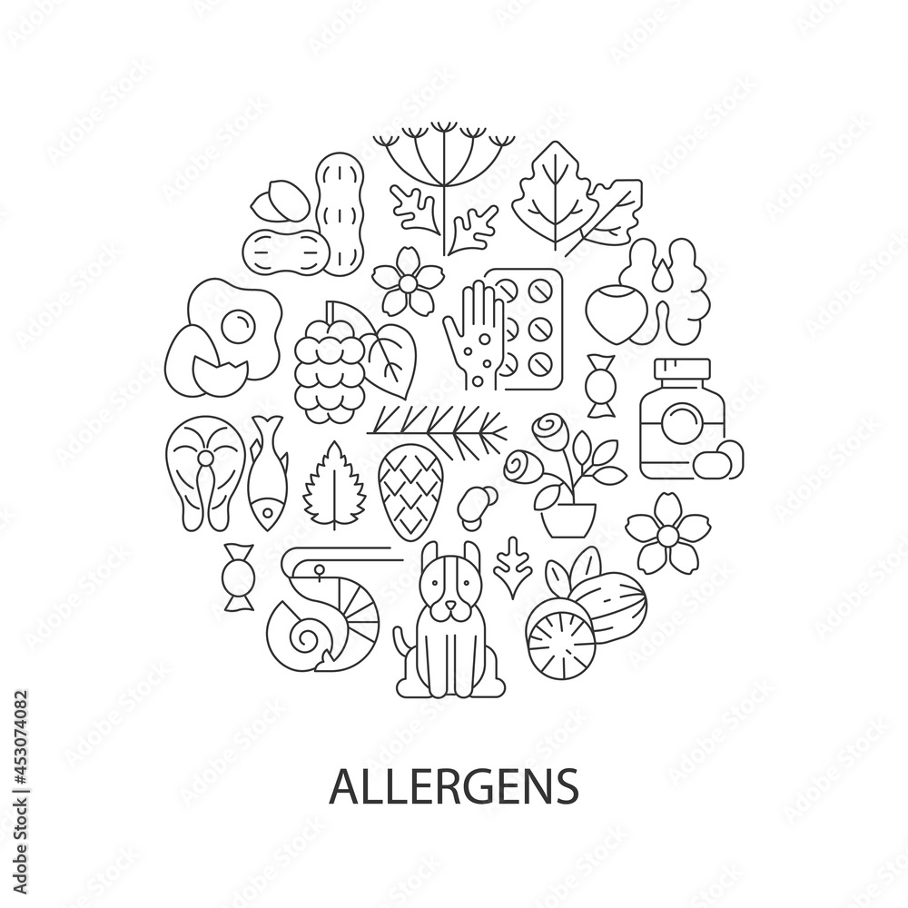 Poster common allergens abstract linear concept layout with headline. allergy reaction reasons minimalistic