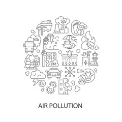 Urban pollution abstract linear concept layout with headline. Climate minimalistic idea. Carbon footprint. Toxic atmosphere. Thin line graphic drawings. Isolated vector contour icons for background